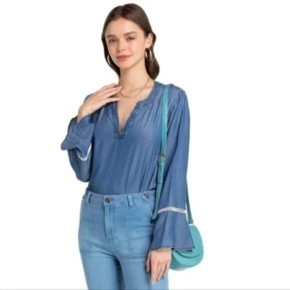 Madeline & Monroe Blouse Blue Chambray, Bell Sleeves Top Size S
